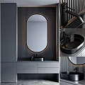 Modern Bathroom Vanity With Oval Mirror Black Sink Gray Cabinet And Striped Wall