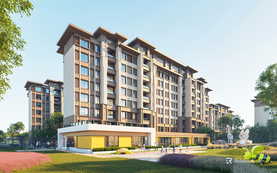 Multi Storey Modern Residential Building Exterior with Green Lawn Trees and Entrance Area 3d model 