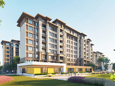 Multi Storey Modern Residential Building Exterior with Green Lawn Trees and Entrance Area 3d model