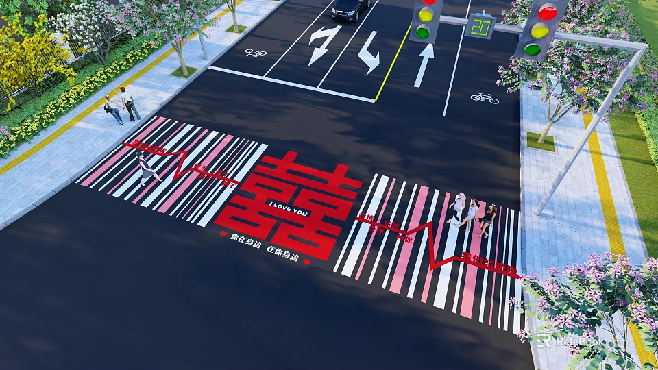 Garden Landscape With Colorful Zebra Crossing Red Double Happiness Symbol And Roadside Greenery 3d model 