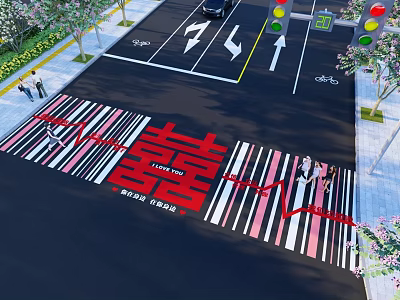 Garden Landscape With Colorful Zebra Crossing Red Double Happiness Symbol And Roadside Greenery 3d model