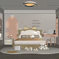 Soft Pink And Grey Kids Bedroom Interior With Upholstered Bed Toys Bookshelf And Round Rug