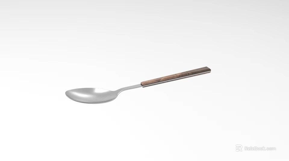 Stainless Steel Kitchen Spoon With Silver Head And Wooden Handle For Cooking 3d model 