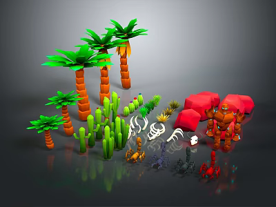 Cartoon Scene With Orange Trunk Palms Green Cacti And Red Rocks 3d model