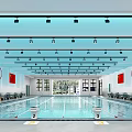 Spacious Indoor Swimming Pool Facility With Olympic Rings National Flags Seats And Lighting