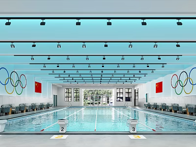 Spacious Indoor Swimming Pool Facility With Olympic Rings National Flags Seats And Lighting 3d model