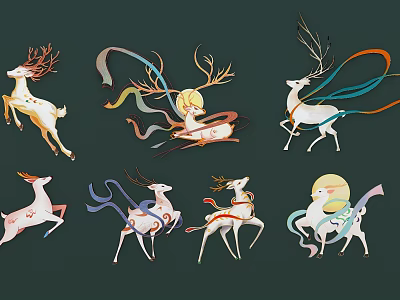 New Chinese Style Wall Decoration National Tide Dunhuang Nine-color Deer Deer Rui Animal Sika Deer 3d model