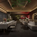 Modern Cafe Interior Design With Long Dining Table Green Pendant Lights And Large Windows