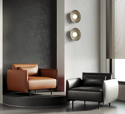 Modern Living Interior With Brown And Black Leather Armchairs Grey Wall And Ceiling Lights 3d model