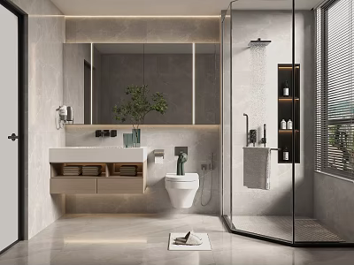 Modern Bathroom Interior Design With Glass Shower Large Mirror Vanity Toilet Green Plant And Storage 3d model
