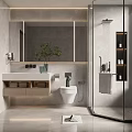 Modern Bathroom Interior Design With Glass Shower Large Mirror Vanity Toilet Green Plant And Storage