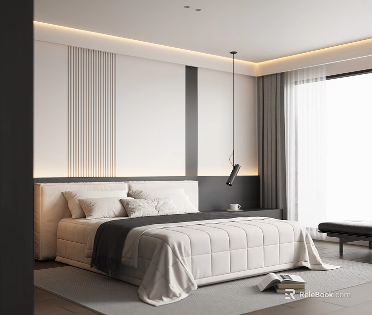 Modern Minimalist Bedroom With Cozy Bed Bedhead Wall Design Grey Curtains And Natural Light 3d model 