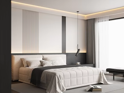 Modern Minimalist Bedroom With Cozy Bed Bedhead Wall Design Grey Curtains And Natural Light 3d model