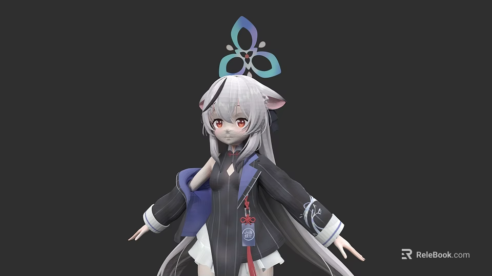 Game and Movie Character With Long Silver Hair Red Eyes And Colorful Butterfly Headpiece 3d model 