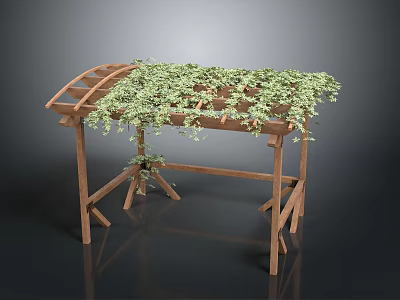 Wooden Arched Outdoor Pergola Structure Covered With Lush Green Vines And Garden Design Elements 3d model