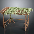Wooden Arched Outdoor Pergola Structure Covered With Lush Green Vines And Garden Design Elements