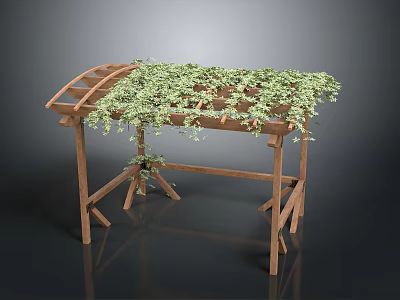 Wooden Arched Outdoor Pergola Structure Covered With Lush Green Vines And Garden Design Elements 3d model