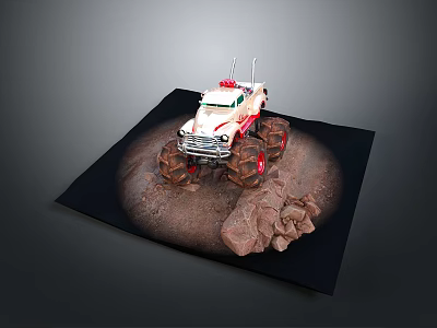 White Off Road Truck Model With Red Flame Large Tires Rocks Dirt On Dark Background 3d model