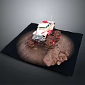 White Off Road Truck Model With Red Flame Large Tires Rocks Dirt On Dark Background