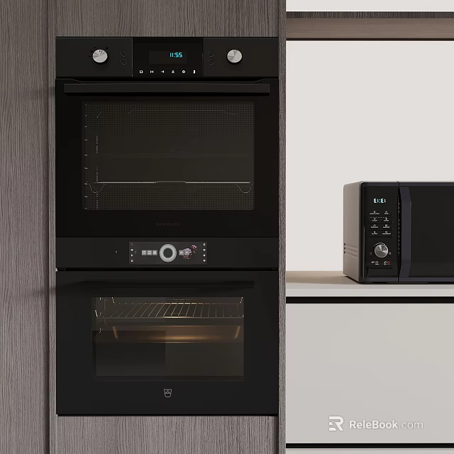 Sleek Black Built in Oven and Microwave with Control Panel in Modern Kitchen 3d model 