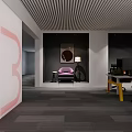 Modern Interior Display Area Featuring White Curved Wall Gray Curtains Black Armchair And Pendant Lights