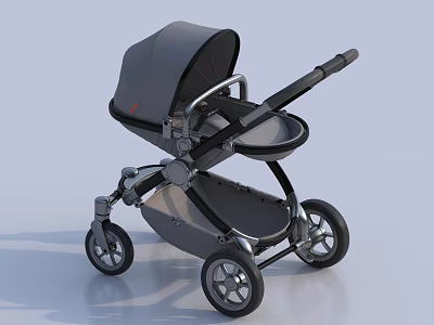 Modern Baby Stroller Design With Gray Canopy Black Silver Frame And Four Wheels 3d model