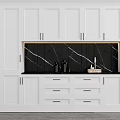 Elegant White Wine Cabinet With Black Marble Backsplash Drawers And Decorative Bottles