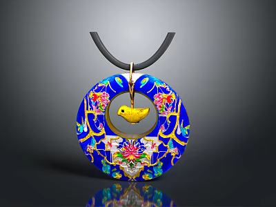 Blue Circular Pendant with Golden Decorations Colorful Flowers and Yellow Bird on Black Cord 3d model