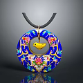 Blue Circular Pendant with Golden Decorations Colorful Flowers and Yellow Bird on Black Cord