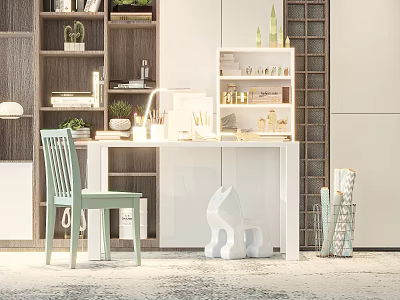 Modern Study Room With Desk Chair Bookshelves Green Plants Decor White Furniture And Wooden Accents 3d model
