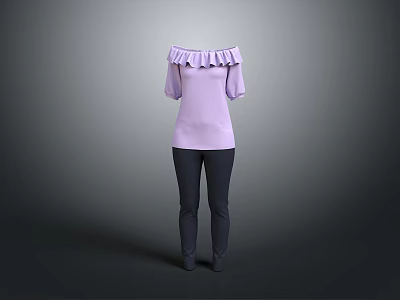 Light Purple Off Shoulder Top With Ruffled Collar Mid Length Sleeves And Dark Skinny Pants 3d model