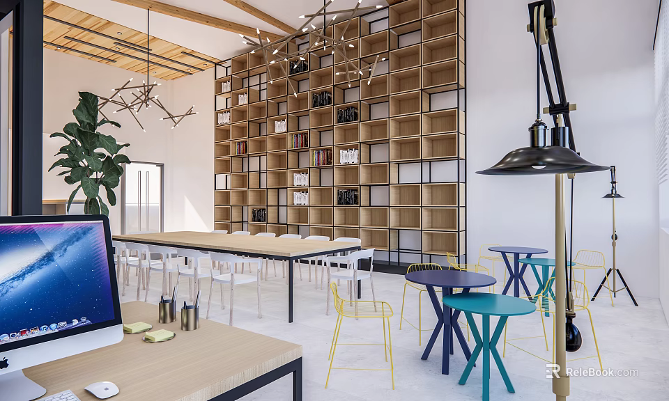 Open Layout Public Office Space With Wooden Bookshelves Modern Chandeliers And Colorful Furniture 3d model 
