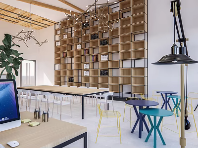 Open Layout Public Office Space With Wooden Bookshelves Modern Chandeliers And Colorful Furniture 3d model