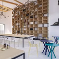 Open Layout Public Office Space With Wooden Bookshelves Modern Chandeliers And Colorful Furniture