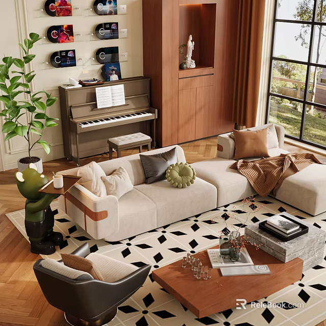 Modern Beige L Shaped Sofa And Coffee Table Set With Pillows Glasses Magazines Plant And Piano 3d model 