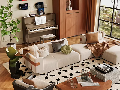 Modern Beige L Shaped Sofa And Coffee Table Set With Pillows Glasses Magazines Plant And Piano 3d model