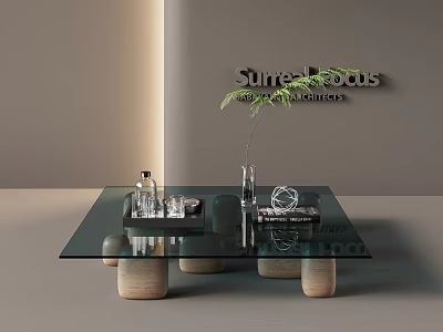 Modern Glass Top Coffee Table With Wooden Legs Decorative Accessories And Green Plant 3d model
