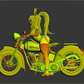 Horned Anime Girl With Orange Long Hair Riding Gray Motorcycle With Green Headlight