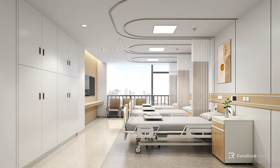 Hospital Outpatient Ward Interior Featuring Beds Lockers TV Window Light And Decorative Art 3d model 