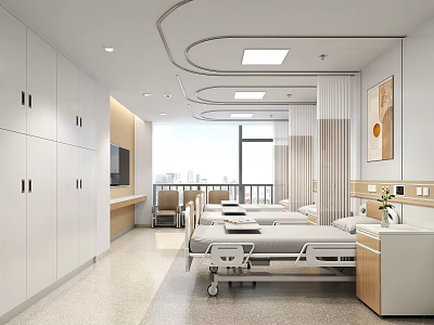 Hospital Outpatient Ward Interior Featuring Beds Lockers TV Window Light And Decorative Art 3d model