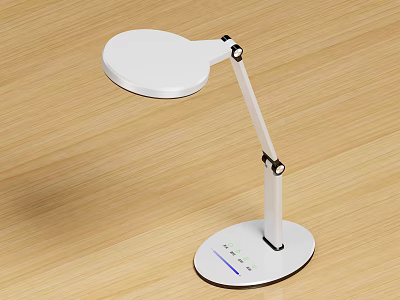 White Adjustable Arm Desk Lamp With Touch Control Panel On Wooden Table 3d model