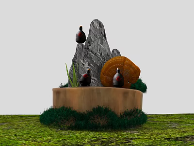 Garden Ornament With Rocky Mountain Black Bottles Orange Fan Green Grass And Wooden Base 3d model