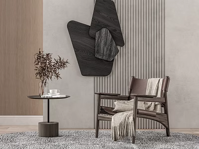 Stylish Accent Chair with Wooden Frame Small Table Mugs Potted Plant and Abstract Wall Decor 3d model