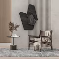 Stylish Accent Chair with Wooden Frame Small Table Mugs Potted Plant and Abstract Wall Decor