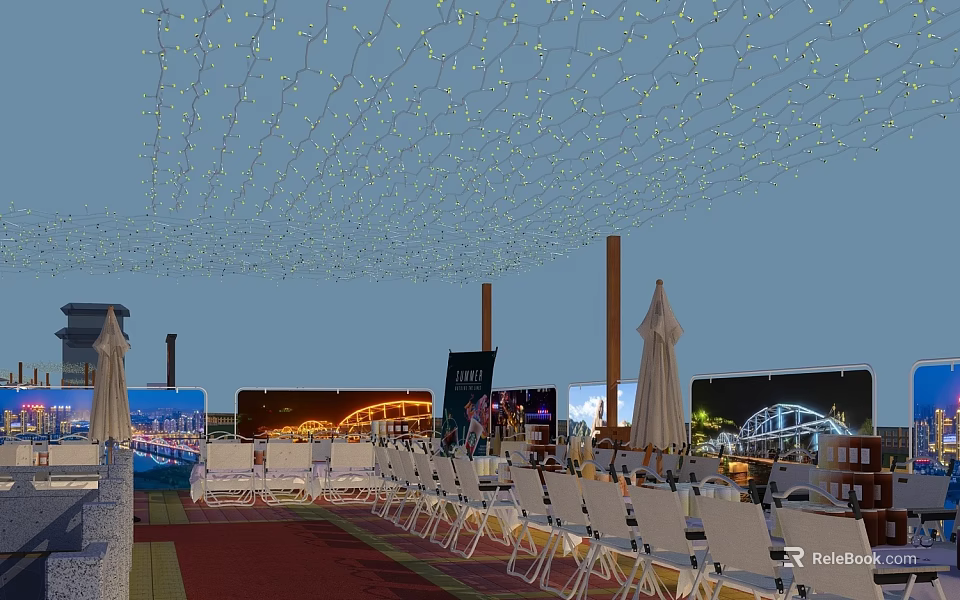 Vibrant Commercial Street With Decorative String Lights Folding Chairs And Outdoor Umbrellas Under Evening Sky 3d model 