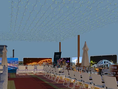 Vibrant Commercial Street With Decorative String Lights Folding Chairs And Outdoor Umbrellas Under Evening Sky 3d model