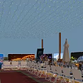 Vibrant Commercial Street With Decorative String Lights Folding Chairs And Outdoor Umbrellas Under Evening Sky