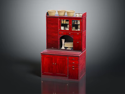 Elegant Red Wooden Storage Cabinet With Glass Doors Drawers And Top Containers 3d model