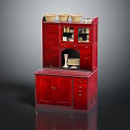 Elegant Red Wooden Storage Cabinet With Glass Doors Drawers And Top Containers