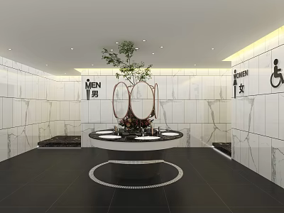 Public Toilet Interior With Men Women Disabled Signs Marble Walls Black Floor Central Plant Decor 3d model